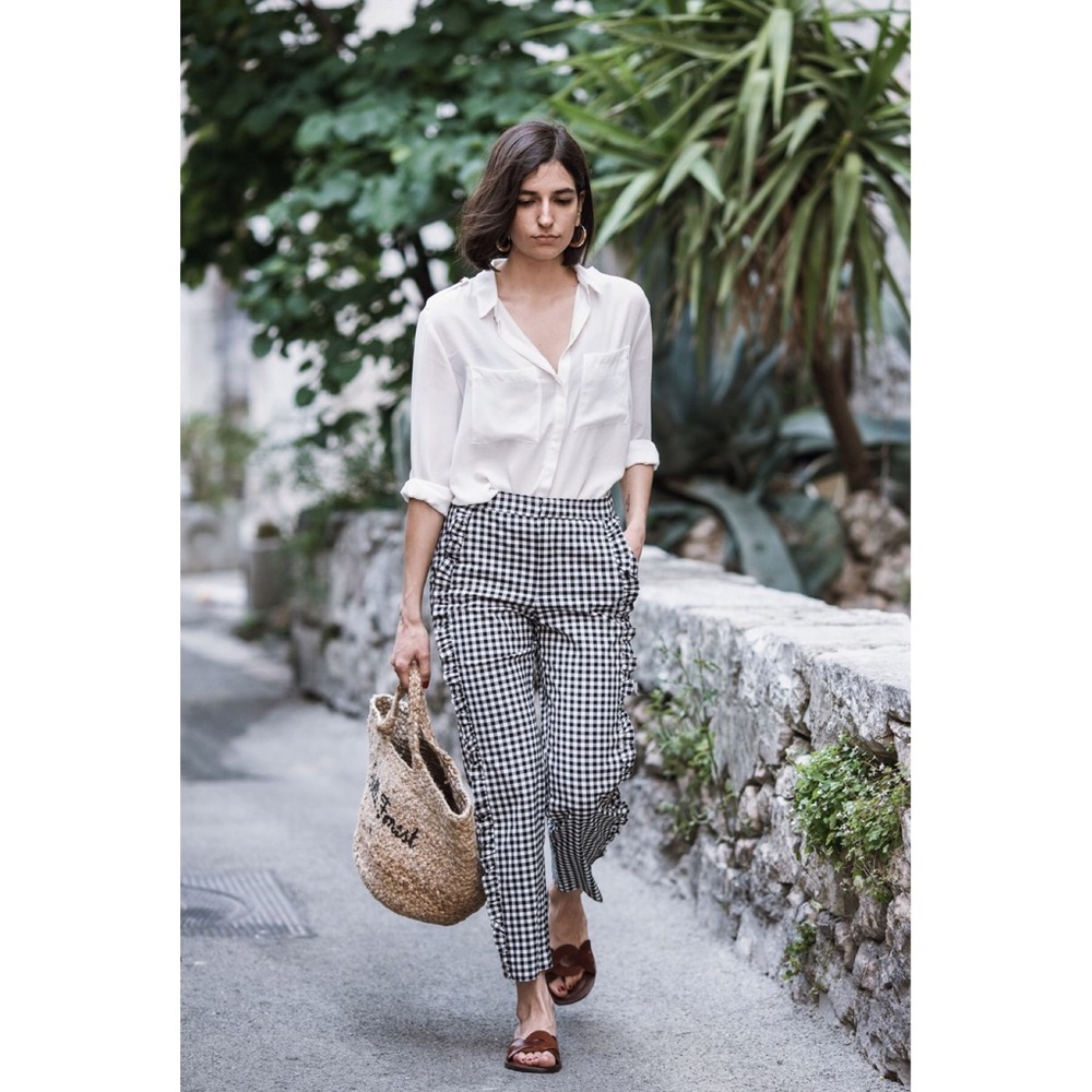 Zara Gingham Trouser Pants Ruffle detail down leg